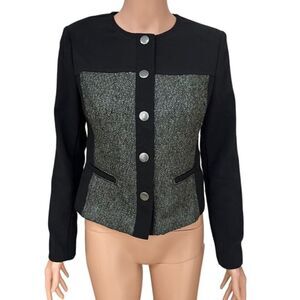 CAbi Mixed Media black Cropped Jacket with green metallic panels size XS